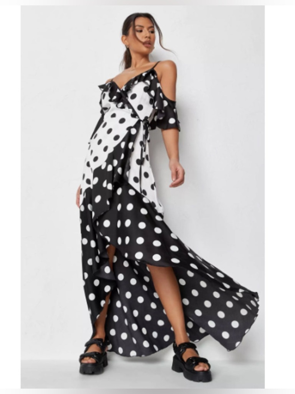 Missguided Black & White Polka Dot Cold-Shoulder Wrap/hi-low Maxi Dress